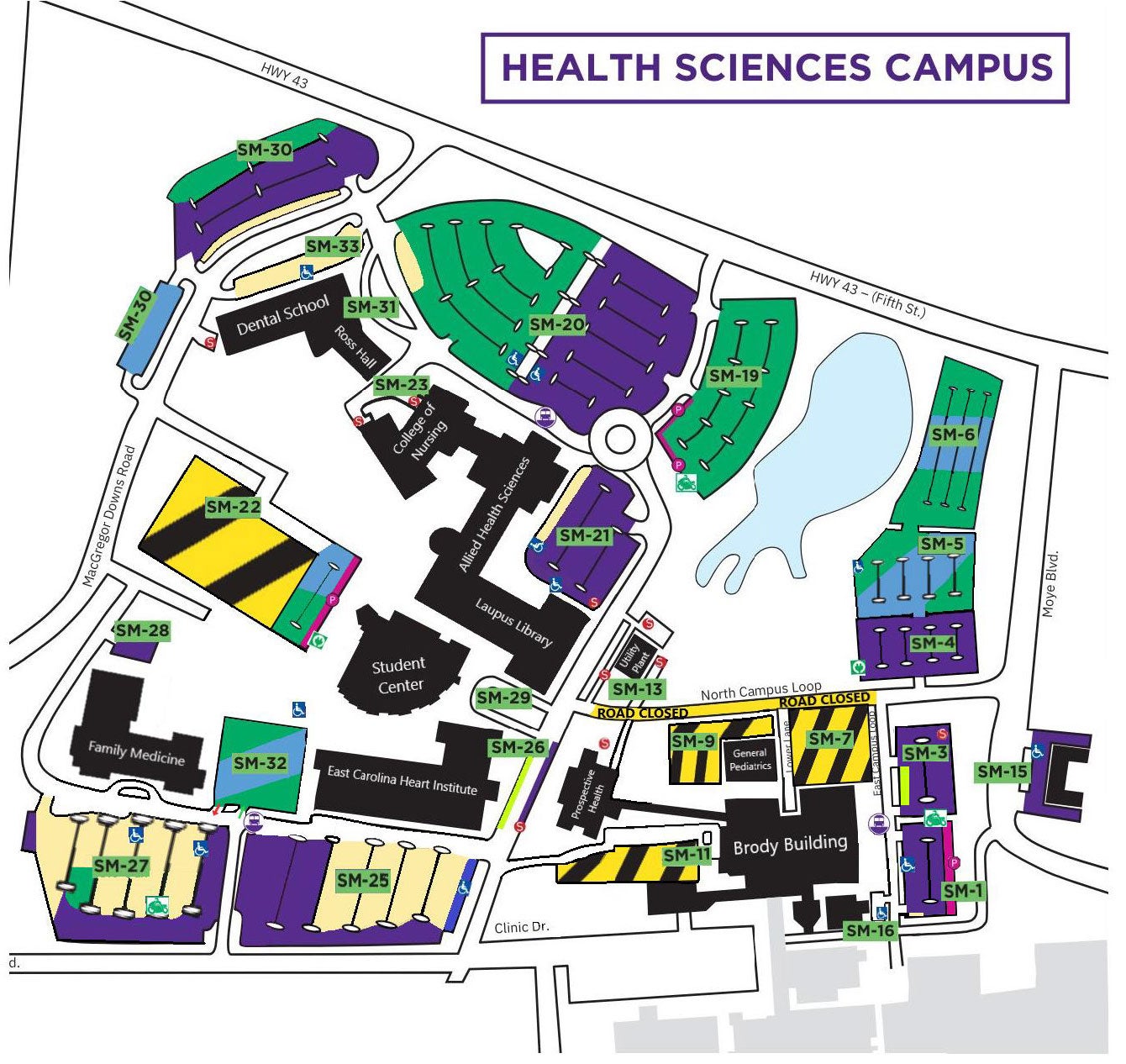 Map of Health Sciences Campus parking changes described above with legend and notable changes listed below.